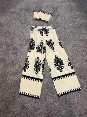 Smocked Bandeau & Wide-Leg Pant Set - Black and Cream